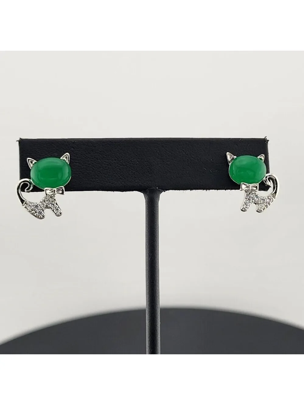 Whimsical Cat Earrings in Brass with Jade Highlights